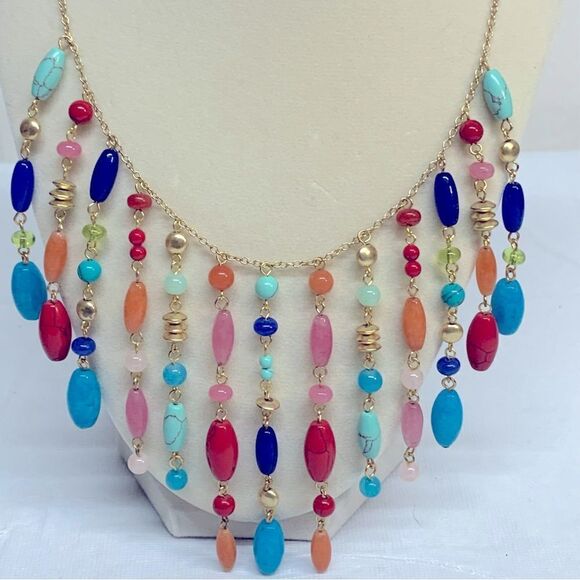 Glass Waterfall Necklace Multicolor Drop 26” Gorgeous - Picture 1 of 9